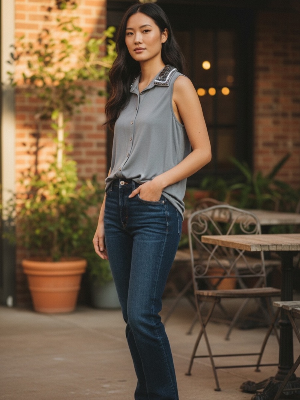 Gray Sleeveless Beaded Sequined Embellished Button Down Soft Tee Blouse